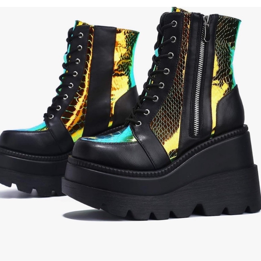 Black Holographic Platform Ankle Boots